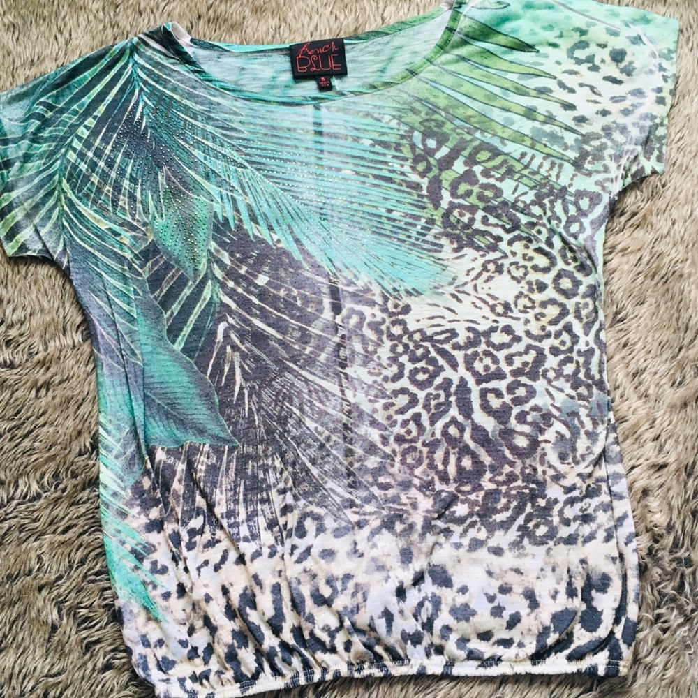 French Blue stone work animal print elastic waist bubble blouse size small